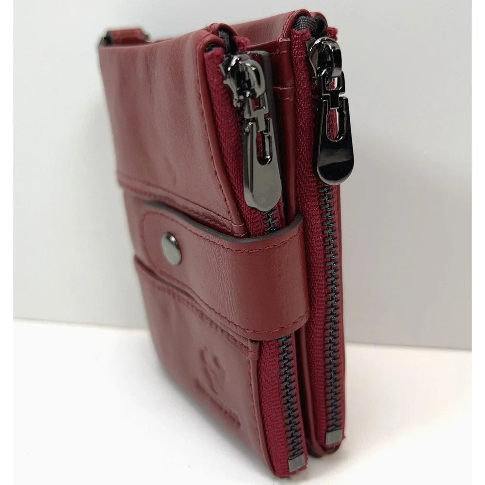 Humerpaul Leather Chain Wallet RFID Blocking Red Multi Card ID Snap Close Bifold